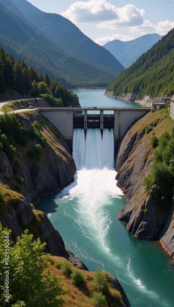 Serene illustration of a hydroelectric dam on a flowing river Serene illustration of a hydroelectric dam on a flowing river