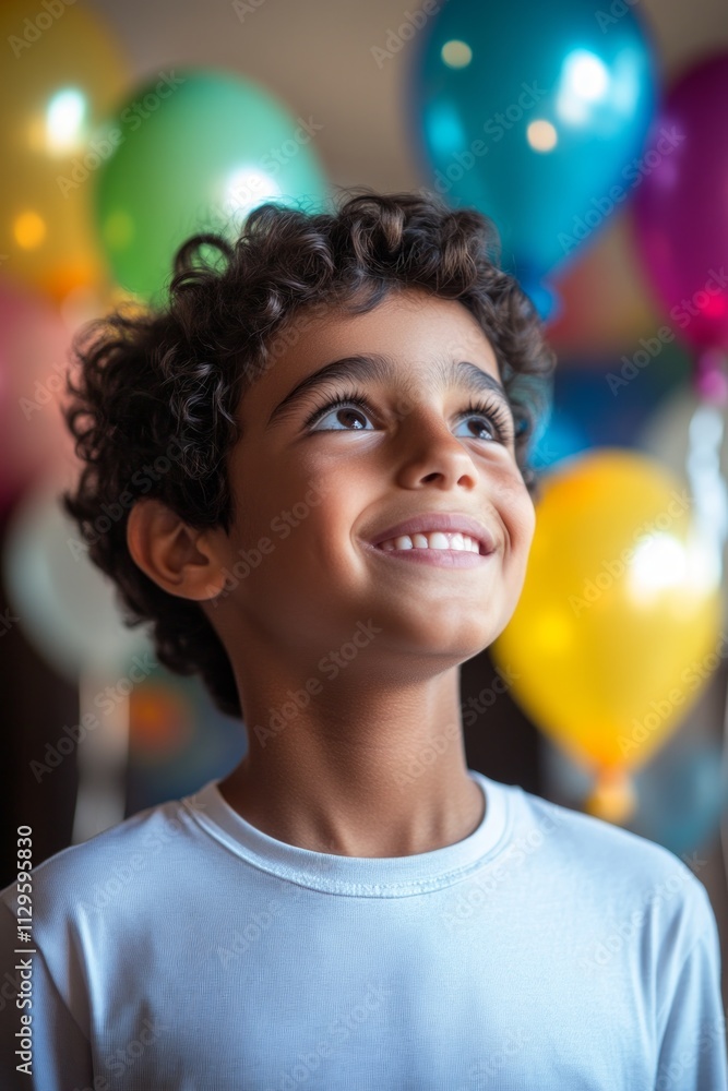 A young boy beams with happiness as he looks up at vibrant balloons during an April Fool's celebration, surrounded by a cheerful atmosphere and friends A young boy beams with happiness as he looks up at vibrant balloons during an April Fool's celebration, surrounded by a cheerful atmosphere and friends