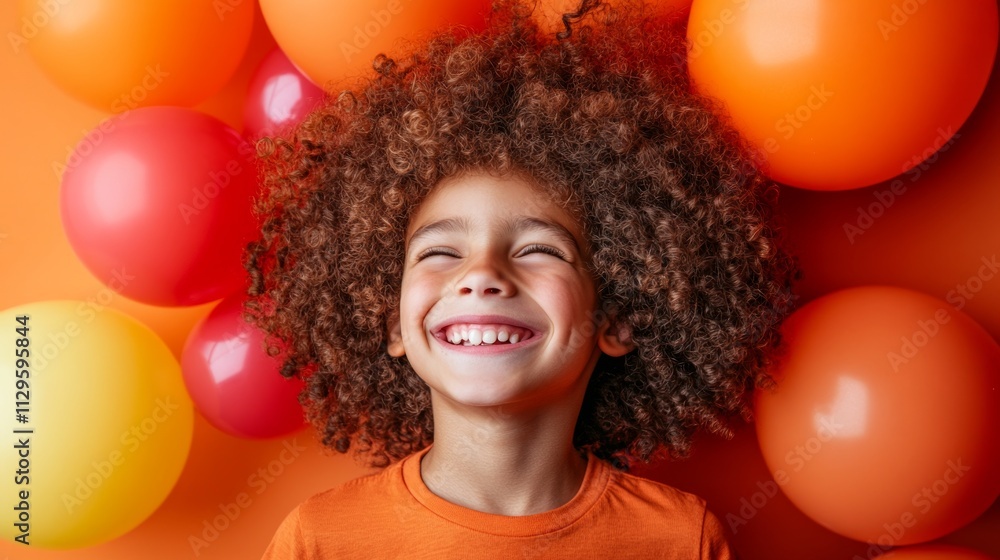 A cheerful child with curly hair enjoys April Fool's Day surrounded by vibrant balloons, radiating happiness and playful spirit in a fun atmosphere A cheerful child with curly hair enjoys April Fool's Day surrounded by vibrant balloons, radiating happiness and playful spirit in a fun atmosphere