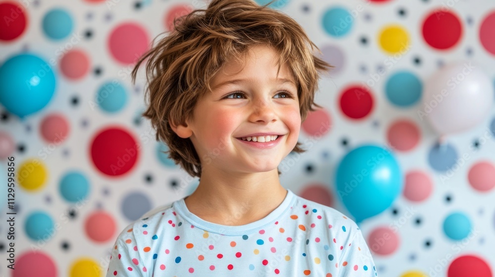 A young child with tousled hair smiles brightly in front of a playful polka dot wall, surrounded by balloons, enjoying the cheerful atmosphere of April Fool's Day A young child with tousled hair smiles brightly in front of a playful polka dot wall, surrounded by balloons, enjoying the cheerful atmosphere of April Fool's Day