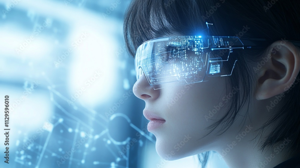 A woman is engaged with augmented reality through smart glasses, displaying digital information in a modern and tech-savvy environment A woman is engaged with augmented reality through smart glasses, displaying digital information in a modern and tech-savvy environment