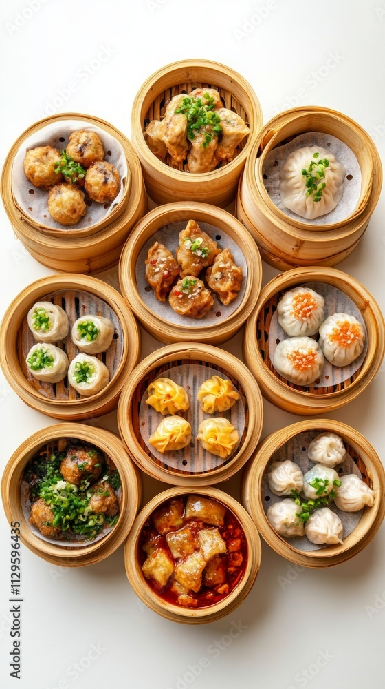 A vibrant display of dim sum with various types of dumplings and buns served in bamboo steamers, perfect for sharing at lunchtime or dinner A vibrant display of dim sum with various types of dumplings and buns served in bamboo steamers, perfect for sharing at lunchtime or dinner