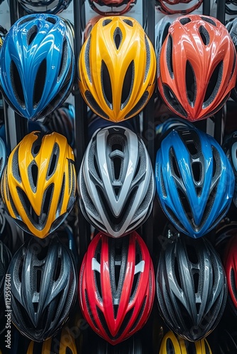 A variety of bicycle helmets in bright colors are organized neatly on a display rack inside a sports store, showcasing options for cycling safety gear photo