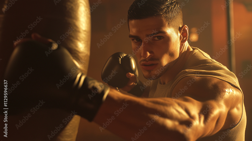 Young Man Boxing with Punching Bag Young Man Boxing with Punching Bag