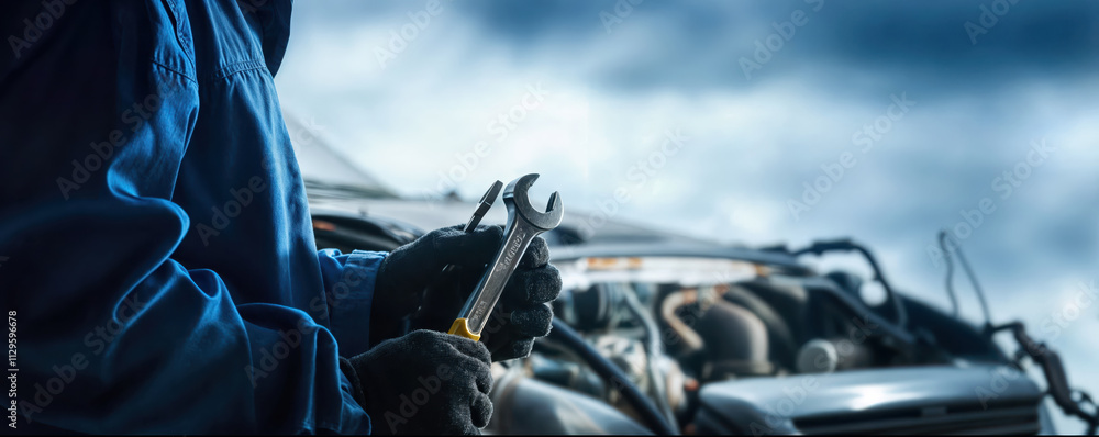 Car mechanic holding tools and fixing engine compartment of truck Car mechanic holding tools and fixing engine compartment of truck