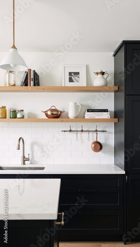 A light-filled kitchen scene showcasing a modern kitchen space complete with a bar counter sink and an organized array of kitchen appliances on open shelves photo