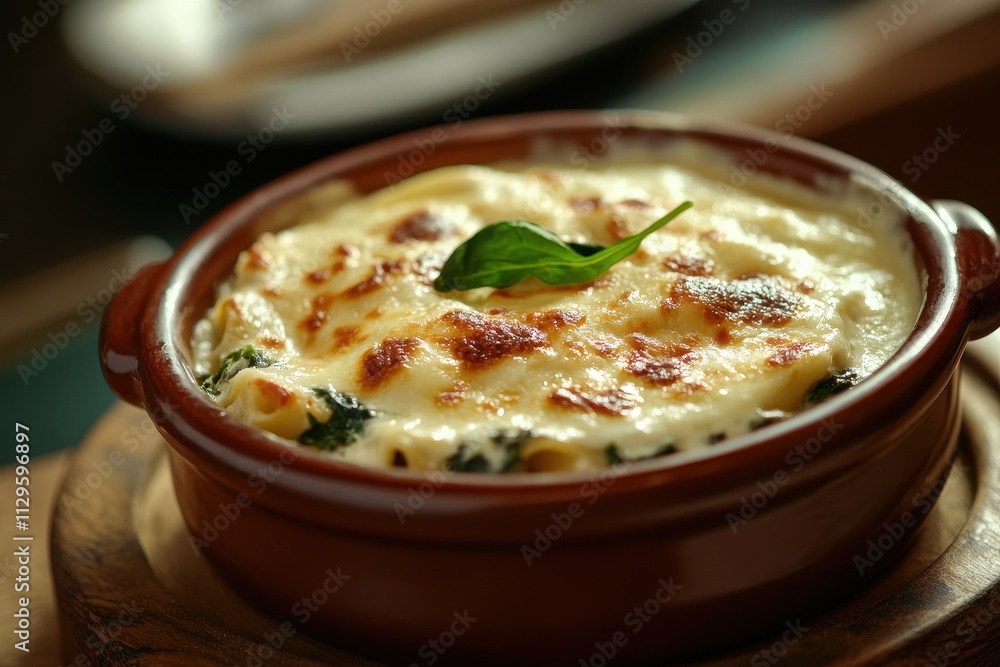 Cylindrical pasta filled with spinach and ricotta topped with béchamel and cheese in a ceramic dish with selective focus Cylindrical pasta filled with spinach and ricotta topped with béchamel and cheese in a ceramic dish with selective focus