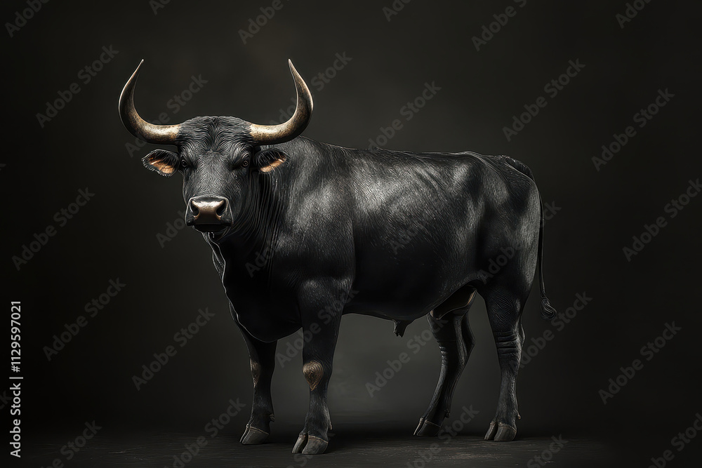 Majestic black bull standing proudly on dark background Majestic black bull standing proudly on dark background