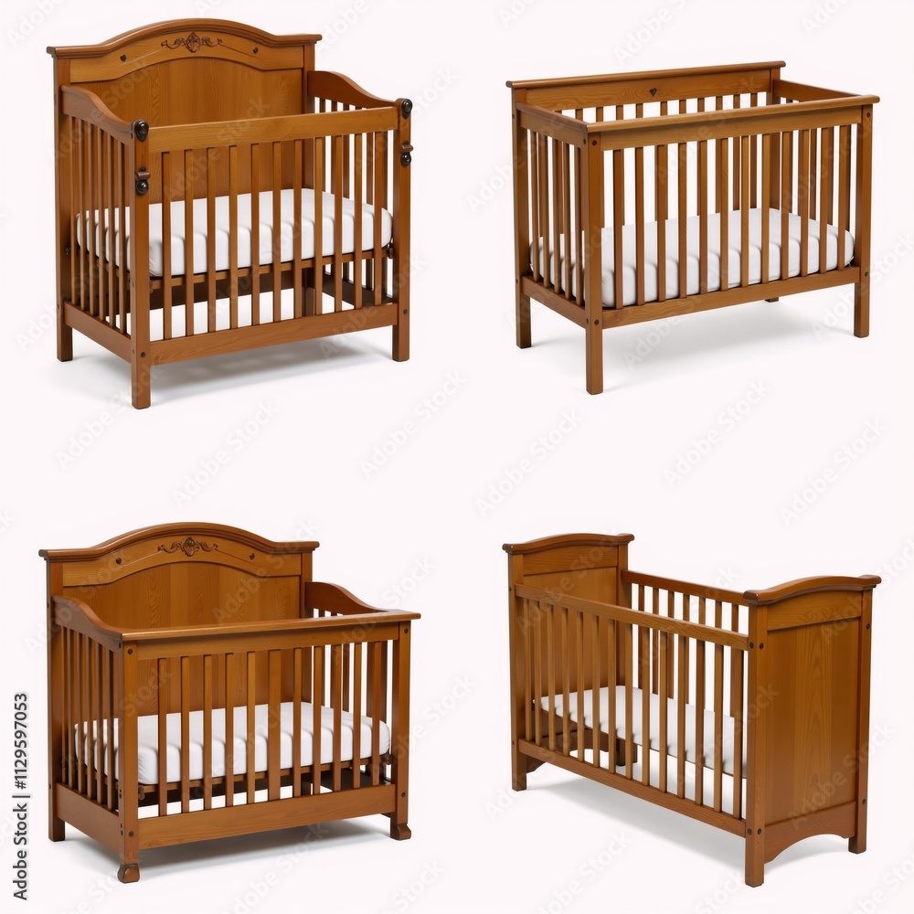 Traditional wooden baby cribs displayed in multiple perspectives against a minimal backdrop Traditional wooden baby cribs displayed in multiple perspectives against a minimal backdrop