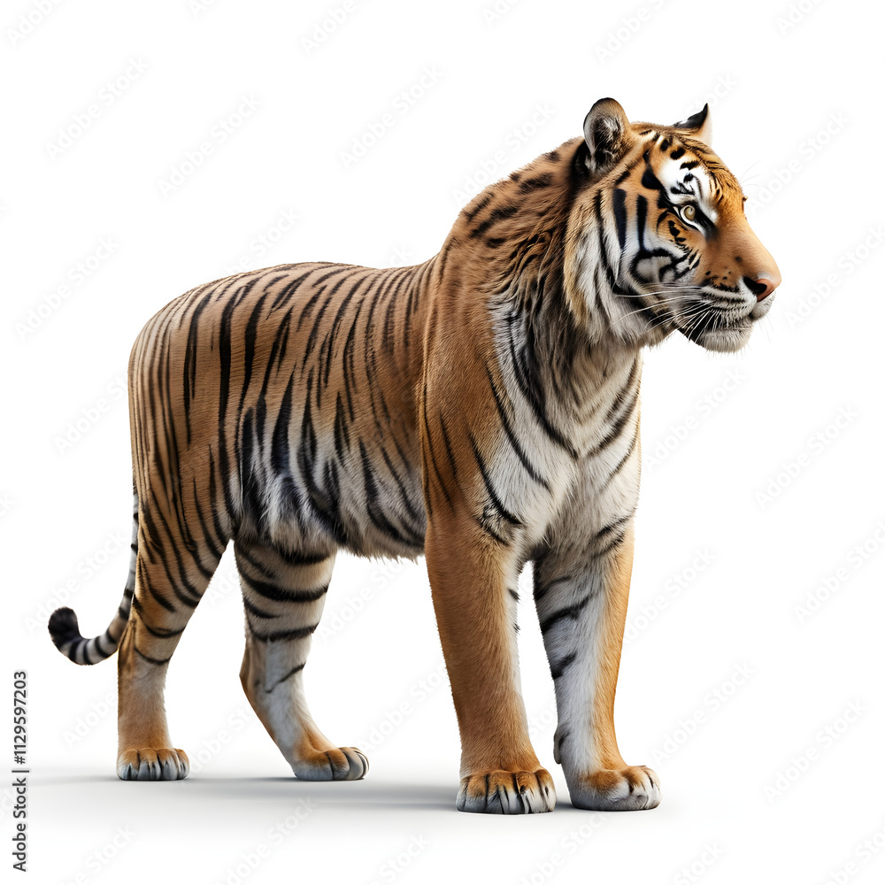 Obraz premium Tiger isolated on a white background, Side view, tiger standing full HD image generated by Ai. full body, realistic, full detail looking at the camera, 