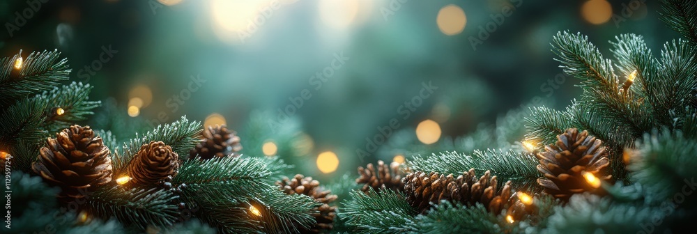 Christmas Tree with Garland and Pine Cones, Soft Pinkish Tones on Lush Greenery Backdrop for Festive Themes Christmas Tree with Garland and Pine Cones, Soft Pinkish Tones on Lush Greenery Backdrop for Festive Themes