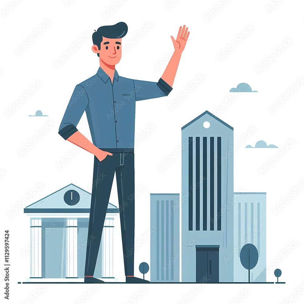 Modern Flat Style Illustration of Man Waving on White Background - Isolated Character Gesture Modern Flat Style Illustration of Man Waving on White Background - Isolated Character Gesture