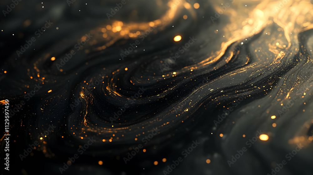 Abstract swirling dark background with golden glitter. Abstract swirling dark background with golden glitter.