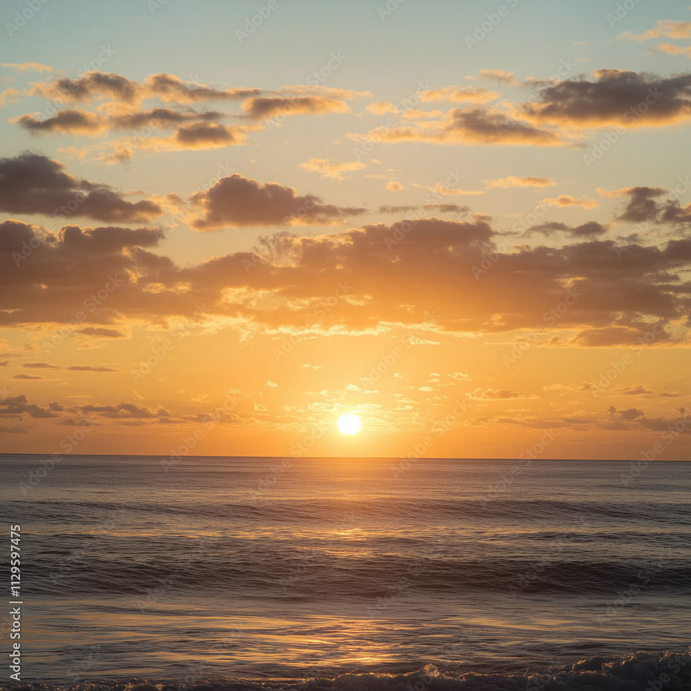 Coastal sunrise over the ocean, soft waves catching the warm golden light Coastal sunrise over the ocean, soft waves catching the warm golden light