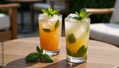 Cocktails with refreshing herbal garnishes and a cool summer vibe