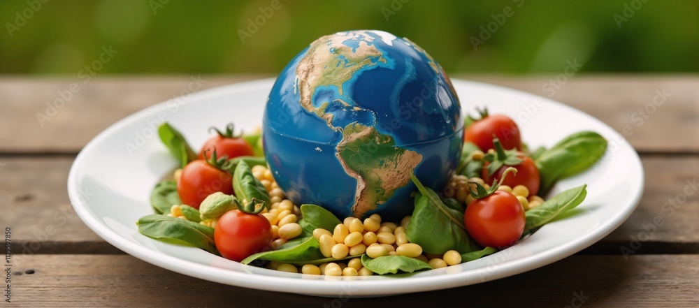 A stylized illustration portrays the earth as food served on a platter with fresh veggies embodying sustainability and health A stylized illustration portrays the earth as food served on a platter with fresh veggies embodying sustainability and health