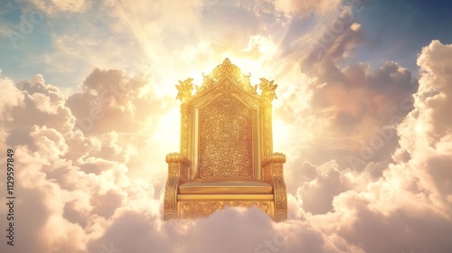 majestic golden throne of god in heaven in the sky surrounded white clouds and divine light. Second coming of Jesus Christ.