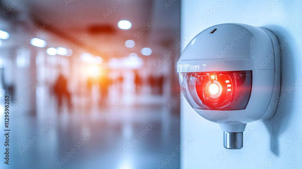 glowing fire alarm strobe light emits a bright warning signal, symbolizing safety, urgency, and emergency response in a blurred environment, conveying the importance of immediate action glowing fire alarm strobe light emits a bright warning signal, symbolizing safety, urgency, and emergency response in a blurred environment, conveying the importance of immediate action