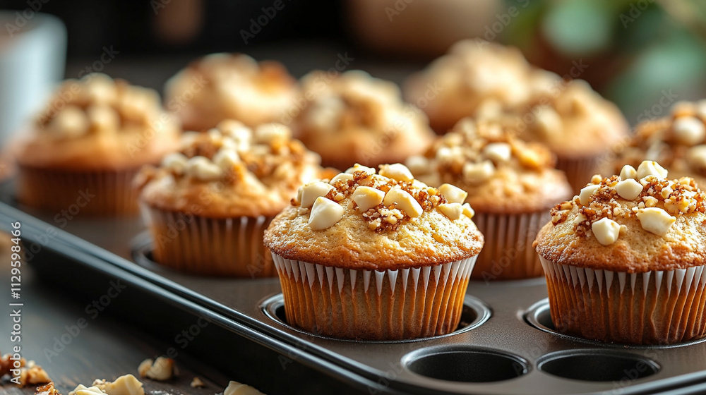 Freshly baked muffins resting in a muffin pan, showcasing their golden, inviting texture and soft appearance, symbolizing warmth, comfort, and the satisfaction of homemade goodness Freshly baked muffins resting in a muffin pan, showcasing their golden, inviting texture and soft appearance, symbolizing warmth, comfort, and the satisfaction of homemade goodness