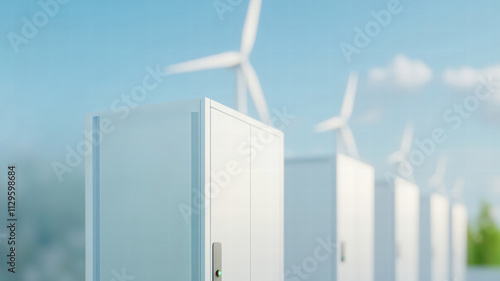 A modern scene showcasing a futuristic data center with sleek, white cabinets lined up in a bright environment, set against a backdrop of wind turbines, emphasizing renewable energy and sustainability