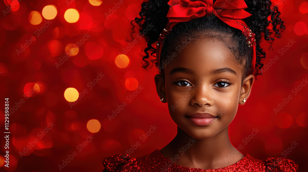 A young girl with beautiful curly hair and a bright red bow smiles warmly. A young girl with beautiful curly hair and a bright red bow smiles warmly.