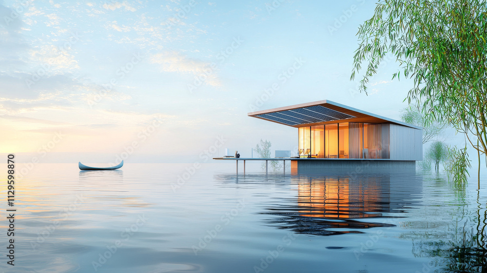 Modern lakeside house with serene reflections at dawn. Modern lakeside house with serene reflections at dawn.