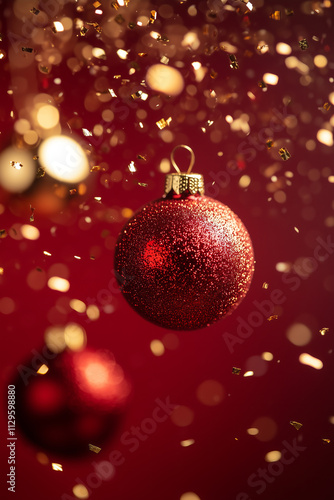 Christmas baubles balls decorations festive traditional greeting card invitation background against vibrant red backdrop with flying golden confetti. Celebration concept.