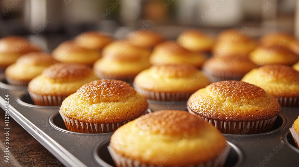 Freshly baked muffins resting in a muffin pan, showcasing their golden, inviting texture and soft appearance, symbolizing warmth, comfort, and the satisfaction of homemade goodness Freshly baked muffins resting in a muffin pan, showcasing their golden, inviting texture and soft appearance, symbolizing warmth, comfort, and the satisfaction of homemade goodness