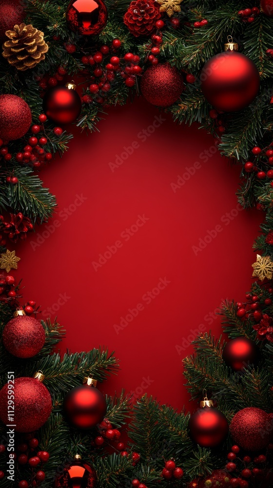 Red Christmas Frame with Baubles and Pine. Red Christmas Frame with Baubles and Pine.