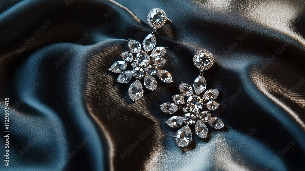 Fototapeta premium A photorealistic professional shot of diamond chandelier earrings on a textured silk backdrop 