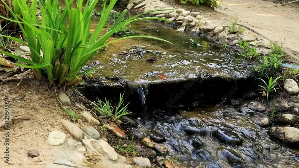 An artificial human-made waterfall with cascades and pebble rocks, stonework and flowing water in a formal botanical garden. Stone garden. Zen place. An artificial human-made waterfall with cascades and pebble rocks, stonework and flowing water in a formal botanical garden. Stone garden. Zen place.