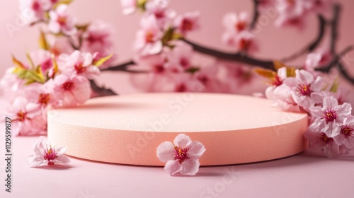 3D background, pink podium display. Sakura pink flower falling. Cosmetic or beauty product promotion step floral, pastel pedestal. Abstract minimal advertise. 3D render copy space spring mockup.