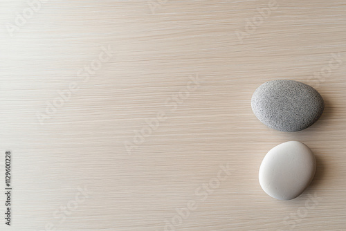 minimalist, photography, a balanced composition of three smooth stones on a light wooden surface photo