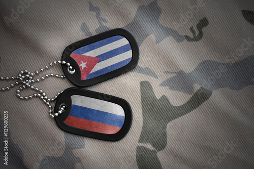 Photography vintage army blank, dog tag with flag of cuba and russia on the khaki texture background