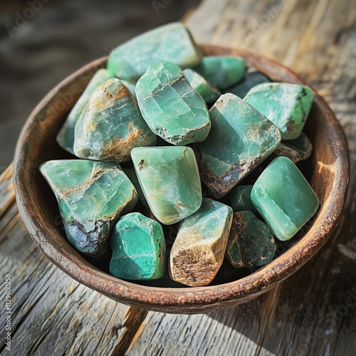 Chrysoprase gemstones in a rustic bowl with vibrant green tones photo