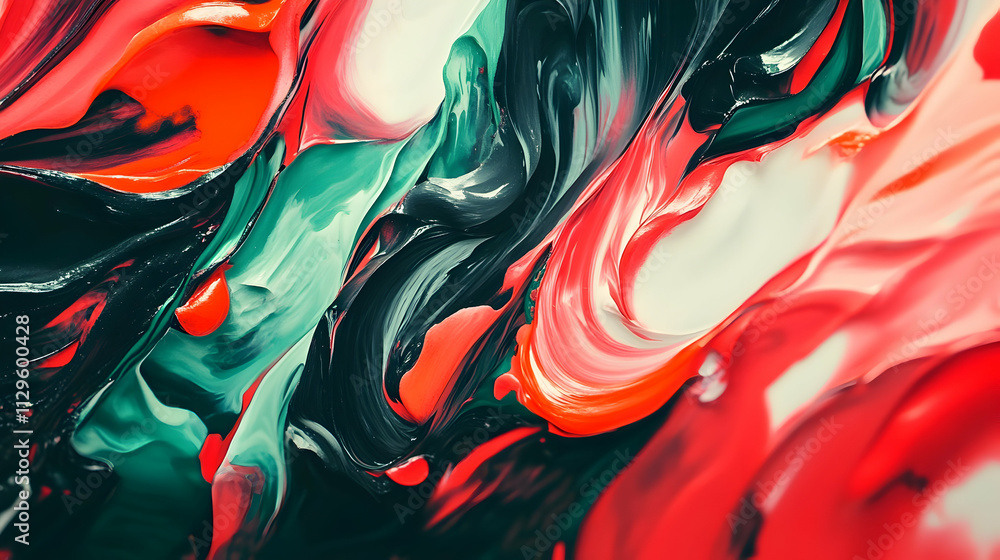 Obraz premium Abstract vibrant paint swirls, red, green, black, white.