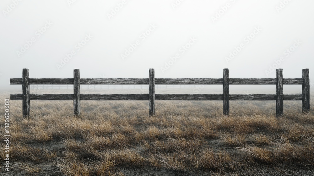 Wooden Fence in Foggy Grassland. Wooden Fence in Foggy Grassland.