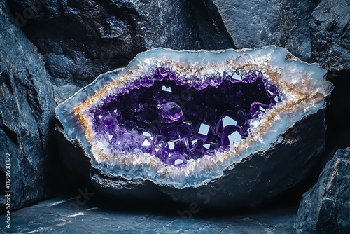 A large amethyst geode with deep purple crystals, a stunning display of nature's beauty.