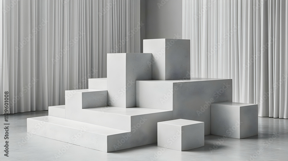 Abstract white geometric shapes on platform with curtains background. Abstract white geometric shapes on platform with curtains background.