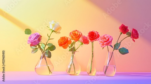 Colorful Roses in Glass Vases Against Pastel Background