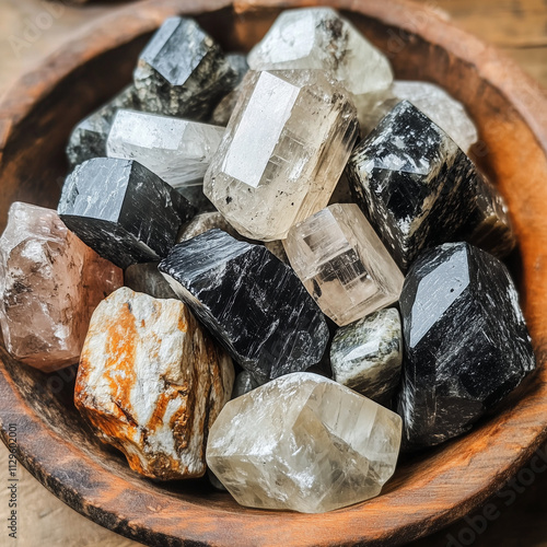 Tourmalinated quartz gemstones in a rustic bowl showcasing natural beauty photo