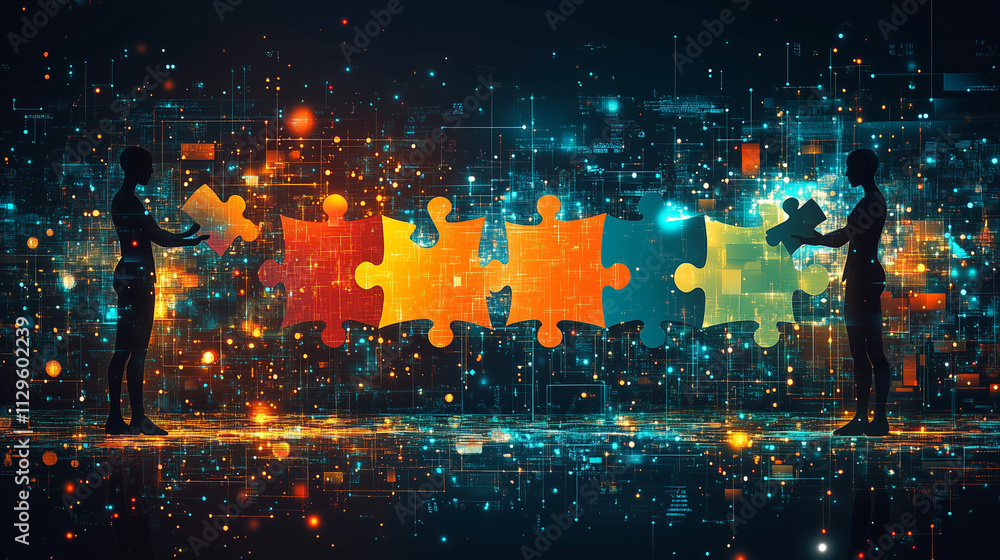 Fototapeta premium Abstract human figures holding puzzle pieces that connect to form a unified design.