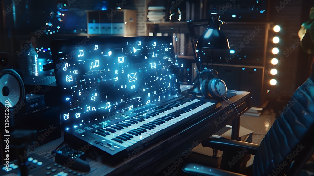 A holographic keyboard projecting in the air above a desk, with glowing keys and floating symbols A holographic keyboard projecting in the air above a desk, with glowing keys and floating symbols