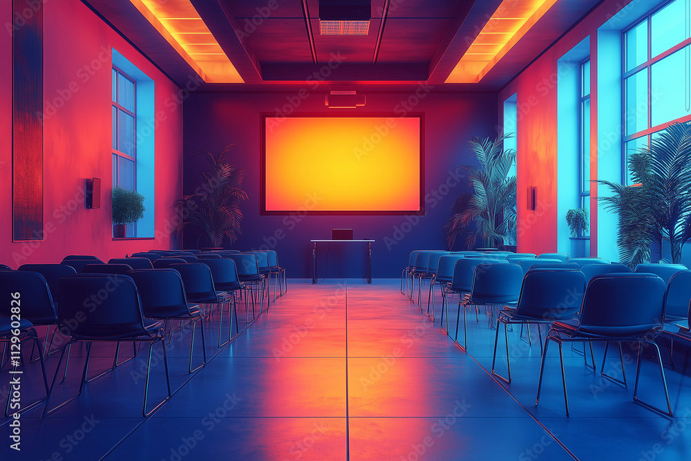 A flat design of a conference room with neatly arranged chairs and a projector. A flat design of a conference room with neatly arranged chairs and a projector.