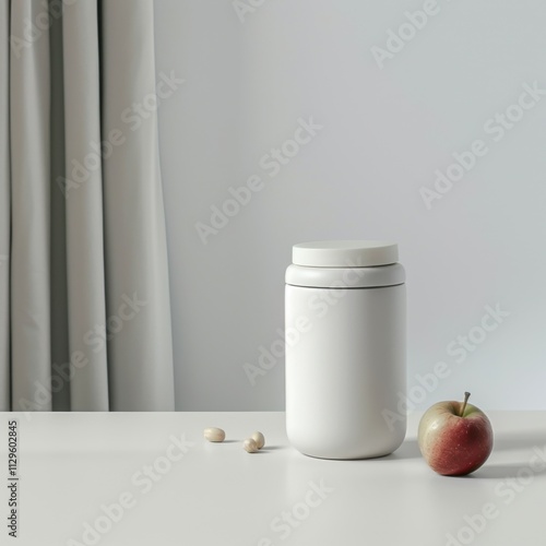 Minimalist food canister mockup on white surface with branding photo