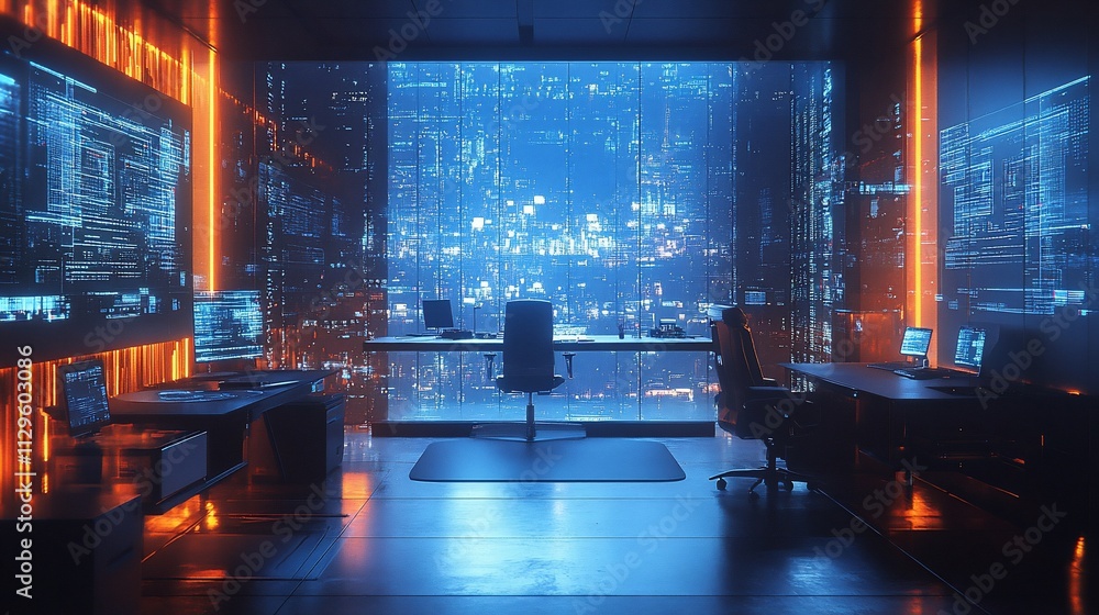 Futuristic office with city view, glowing screens, and coding. Futuristic office with city view, glowing screens, and coding.