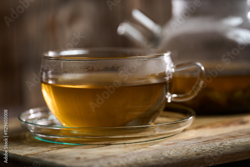 Hot Japanese Sencha tea in a glass cup