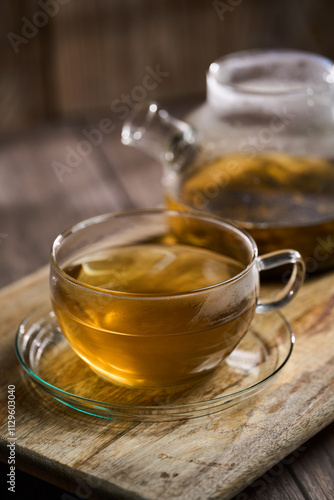 Hot Japanese Sencha tea in a glass cup