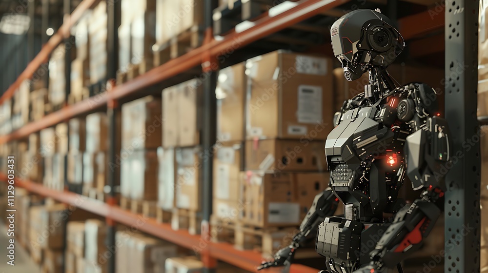 A humanoid robot lifting heavy boxes in a modern logistics warehouse A humanoid robot lifting heavy boxes in a modern logistics warehouse