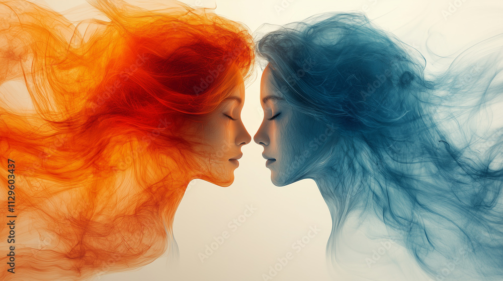Abstract heads with flowing lines representing the exchange of ideas during a meeting. Abstract heads with flowing lines representing the exchange of ideas during a meeting.